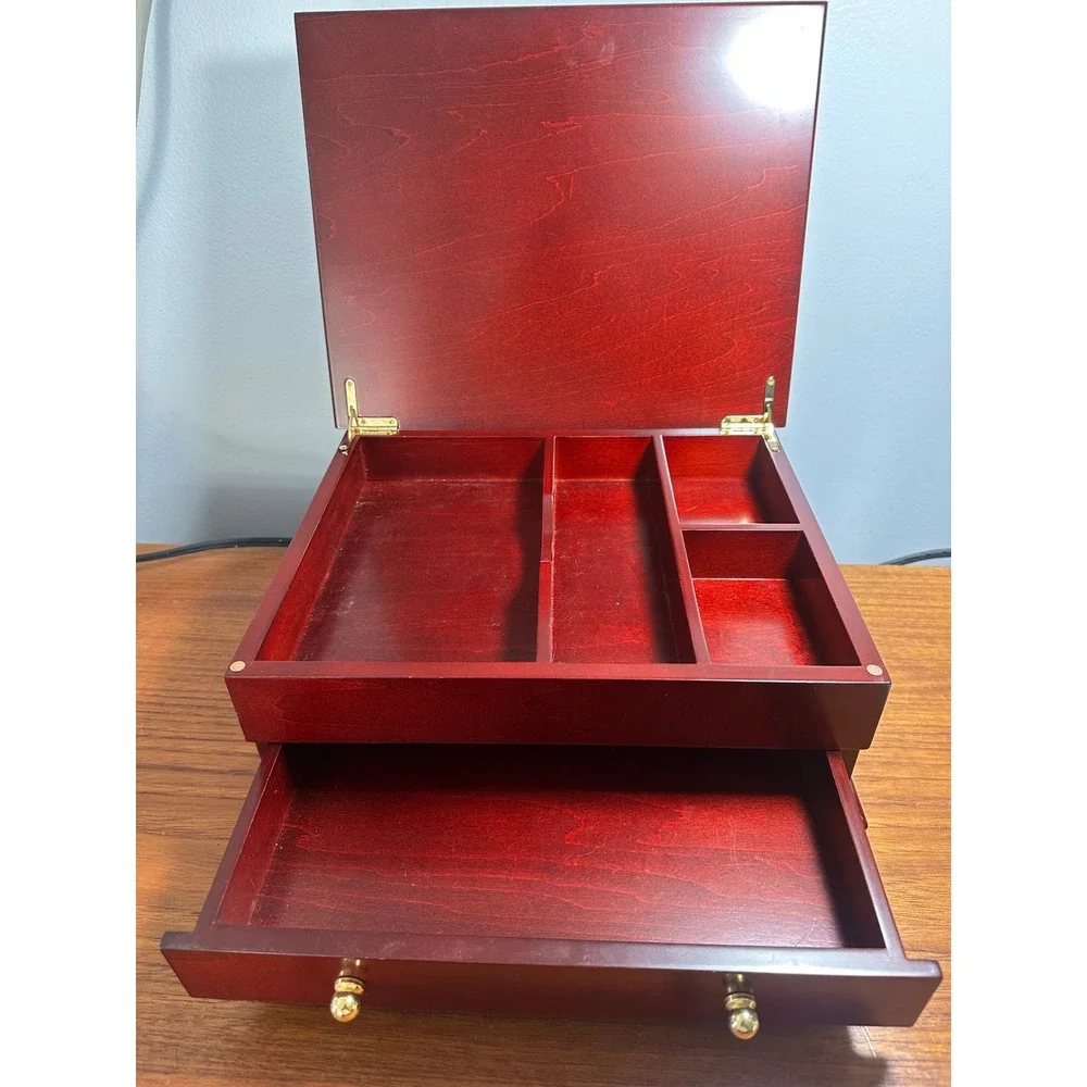 Vintage Cherry Wood Jewelry Box Gold Hardware Drawer Organizer Blank Nameplate